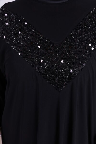 Ferace Long Sleeve Large Size Women's Sequin Hijab Tunik Black