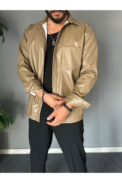 THEMANN Cep Detaylı Deri Kumaş Vizon Gömlek