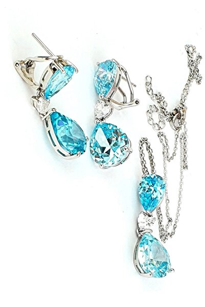 OSESHOP Aquamarin Taşlı 925ayar Gümüş Exclusive Küpe Kolye Set Takım