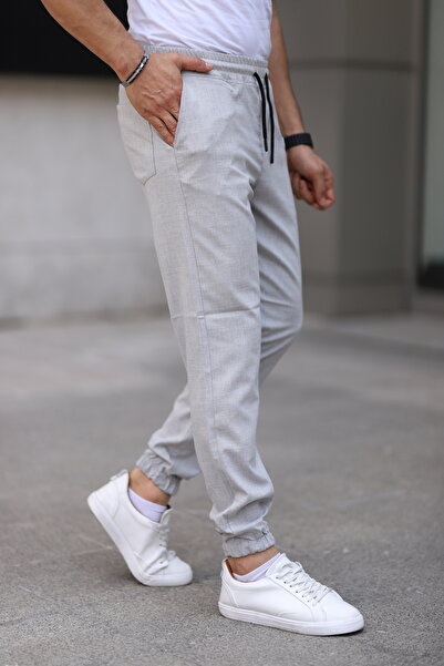 Bürke Men's Grey Color Waist - Elastic Leg Lace Flexible Fitted Jogger Pants Fabric Trousers