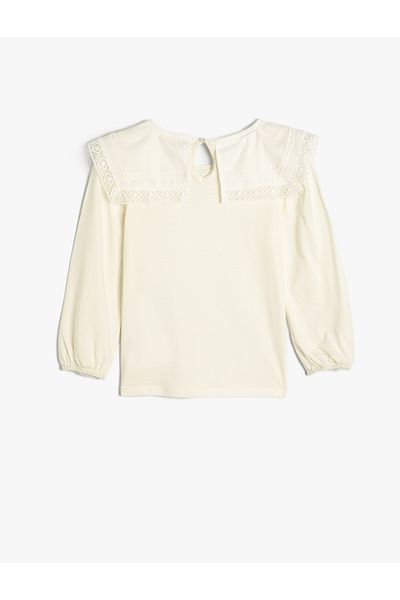Koton Wide Doll Collar Basic T-Shirt Long Sleeve Back Button Closure Cotton