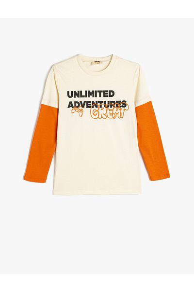 Koton Cotton Long Sleeve Crew Neck T-Shirt - Slogan Print Detailed