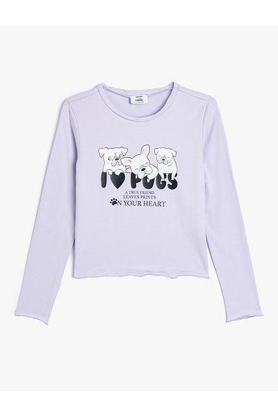 Koton Tricou crop cu imprimeu pentru câini, cu mânecă lungă, cu decolteu