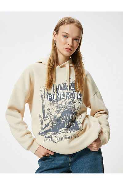 Koton Oversize Hooded Sweatshirt - Raster Slogan Print, Long Sleeve