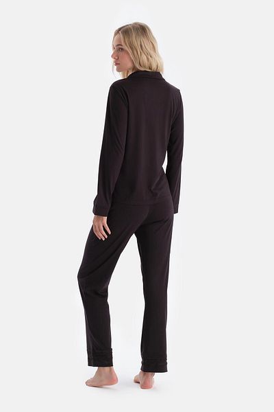 Dagi Set de pijamale cu pantaloni cămașă cu dantelă maro închis