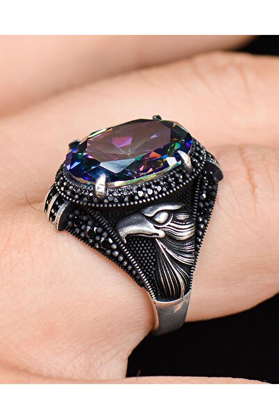 Prestige 925 Ayar Gümüş Erkek Yüzüğü Mistik Topaz Taşlı Kartal Figürlü 30049