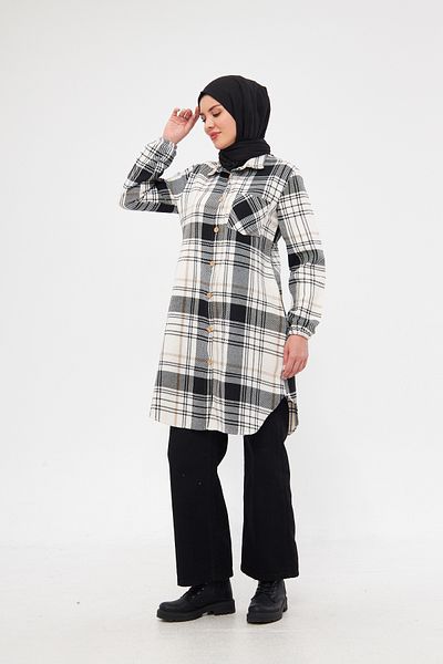 Giyim Gezegeni Single Pocket Sleeve Elastic Checked Striped Women's Winter Chanel Tunic Shirt