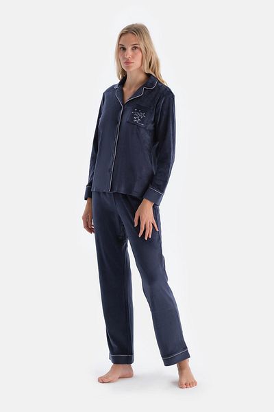 Dagi Navy Blue Embroidery Detailed Velvet Shirt Pants Pajama Set