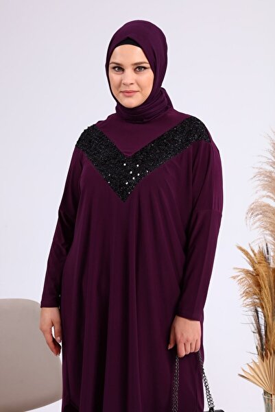 Ferace Long Sleeve Large Size Women's Sequin Hijab Tunik Plum