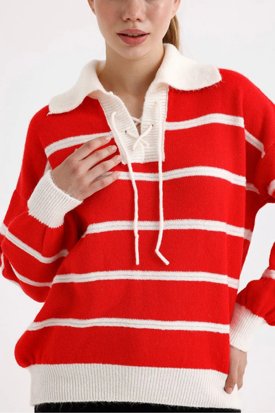 My Blog Roter Mike-Strickpullover mit Polokragen, Ecru, gestreift, vorne mit Schnürung, 4469