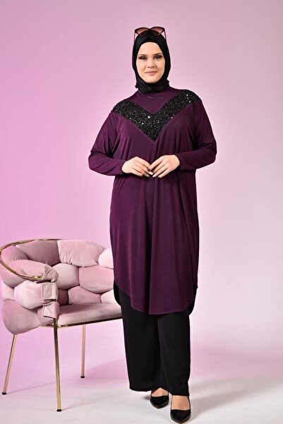 Ferace Large Size Shirt Long Women's Sequined Bat Sleeve Tunic Plum