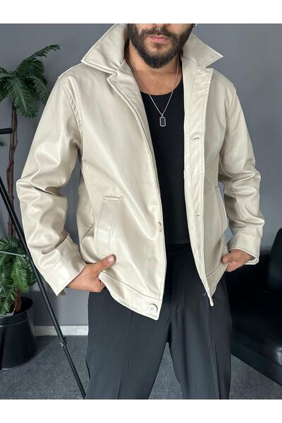 THEMANN Dik Yakalı Düğmeli Krem Deri Mont