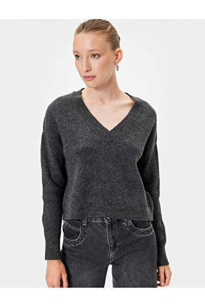 Koton V Yaka Triko Kazak Uzun Kollu Dokulu