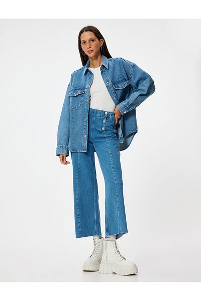 Koton Hohe Taille, weites Bein, Jeans, Knopfdetail, Culotte-Jeans