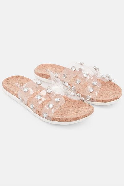 Kenneth Cole Women Slim Band Stud Slip On Flats, Transparent
