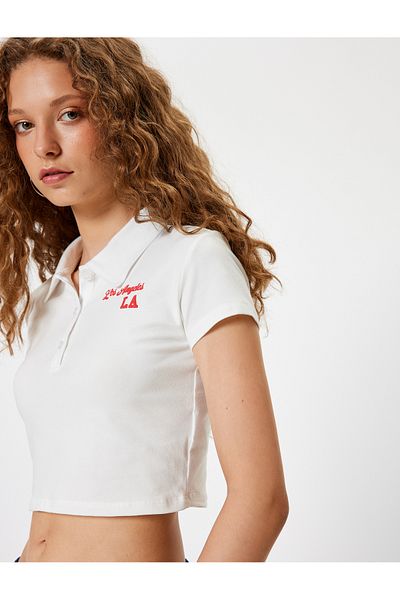 Koton Crop T-Shirt Polo Neck Button Short Sleeve College Embroidered Slim Fit