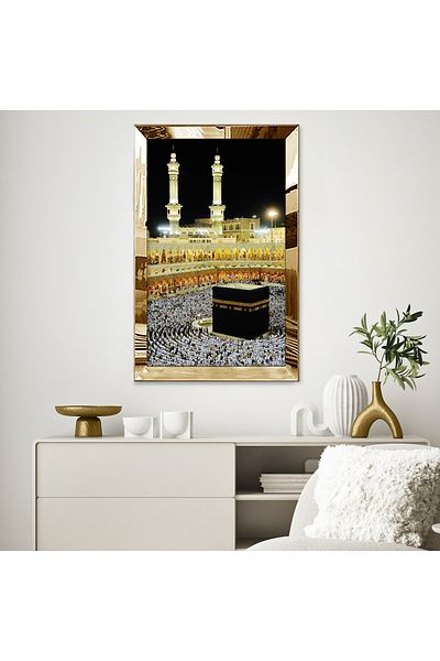 Zevahir Mobilya Dekorasyon Μαύρο κίτρινο μοτίβο Kaaba Σχέδιο Μονό Τραπέζι MDF με χρυσό καθρέφτη από πλεξιγκλάς