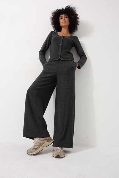 AMİDA Anthracite High Waist Thessaloniki Fabric Soft Women's Wide Leg Trousers - 2439