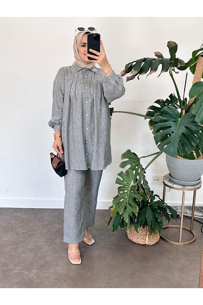 ASEL FASHİON Gray Set - 100% Cotton Linen Robe