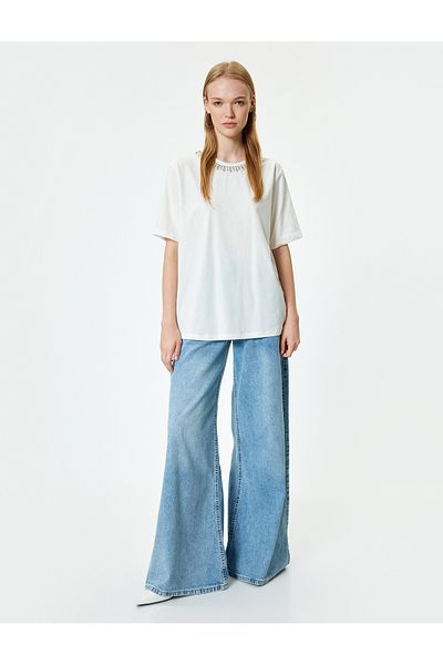 Koton Cotton Short Sleeve T-Shirt - Crew Neck and Stone Detail