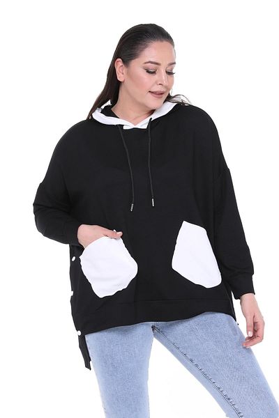 Ebsumu Women's Plus Size Extra Comfortable Fit Black Sweatshirt with White Pocket Detail