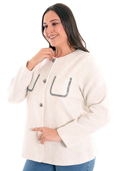 Metpoint Trend42plus Large Size Pocket Stone Printed Ecru Jacket