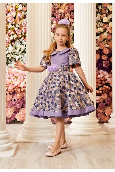 PİXİNADELUXE Purple Front Flower Detailed Jacquard Fabric Girl's Evening Dress with Bag Accessories