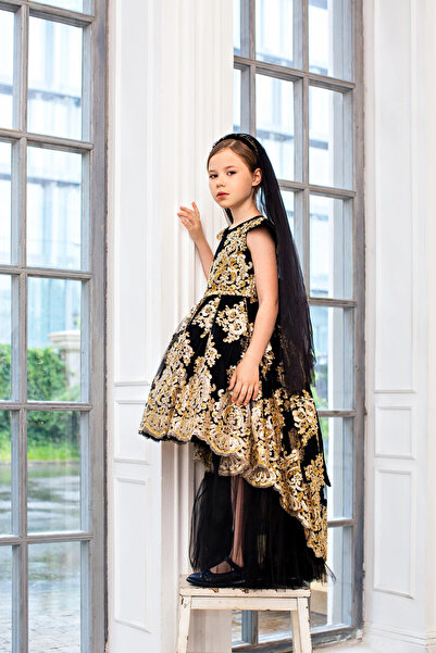 PİXİNADELUXE Siyah Küpürlü Önü Kısa Arkası Uzun Duvak Detaylı Kız Çocuk Abiye