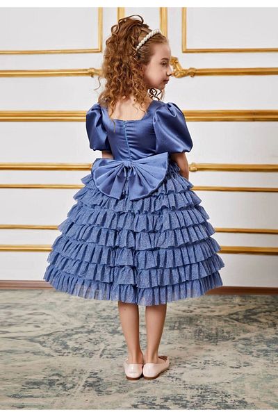 PİXİNADELUXE Dark Blue Girl's Evening Dress with Bow and Layered Tulle Skirt Design on the Front and Back