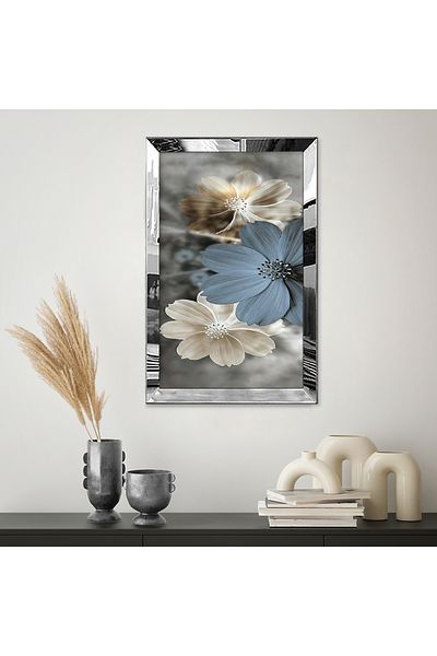 Zevahir Mobilya Dekorasyon Rama din plexiglas cu oglinda argintie, gri modern, model de flori galbene, desen abstract, pictura MDF unică