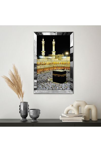 Zevahir Mobilya Dekorasyon Tablou unic din MDF cu model Kaaba galben negru cu cadru din plexiglas cu oglindă argintie