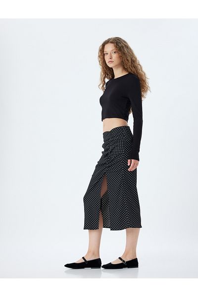 Koton High Waist Draped Midi Polka Dot Skirt - Slit Slim Fit
