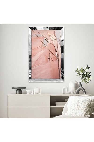 Zevahir Mobilya Dekorasyon Pictură unică MDF cu cadru din plexiglas cu oglindă argintie, minimalistă, roz, model natural, desen abstract