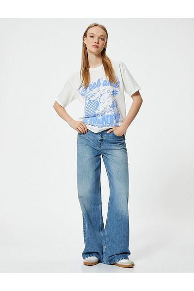 Koton Cotton Oversize T-Shirt - Slogan Print, Crew Neck, Short Sleeve
