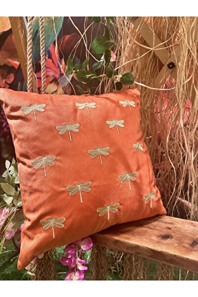 ref crea Küçük Yusufçuk Nakışlı Kırlent Kılıfı Kiremit - Gold