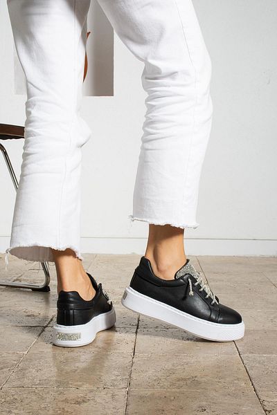 ShoeTek Pantofi sport Lasmiya pentru damă, pantofi sport cu șireturi, piele neagră