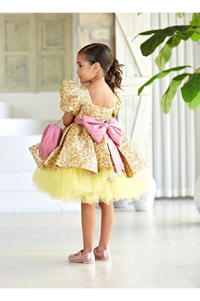 PİXİNADELUXE Yellow Jacquard Fabric Girl's Evening Dress with Bow and Back Window