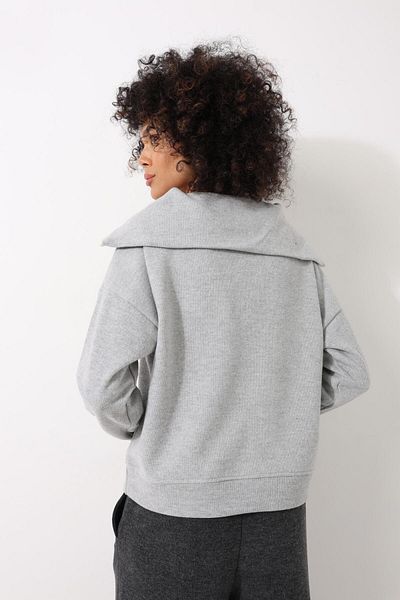AMİDA Gray Thessaloniki Fabric Shawl Collar Oversize Zippered Women's Sweatshirt - 2441