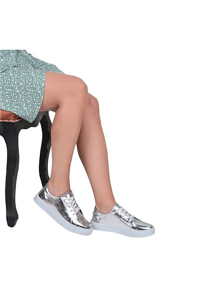 NOOSY Pantofort de damă din piele naturală argintiu metalic cu model sticlă spartă