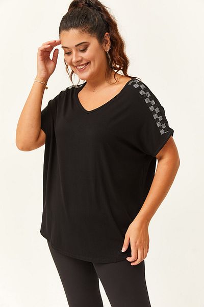 Ebsumu Women's Plus Size V-Neck Shoulders Square Stone Detail Black Blouse