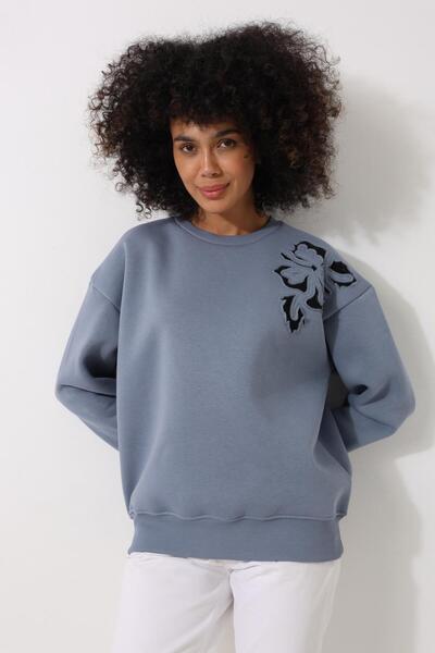 AMİDA Hanorac supradimensionat pentru femei, cu umăr albastru, tăiat cu laser, cu detaliu de broderie cu flori - 2448