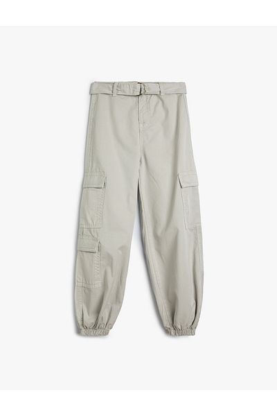 Koton Cotton Jogger Pants - Cargo Pocket and Belt Detail