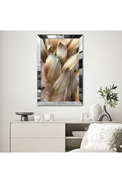 Zevahir Mobilya Dekorasyon Pictură unică MDF cu desen abstract din pene de pasăre aurii, cu cadru din plexiglas cu oglindă argintie