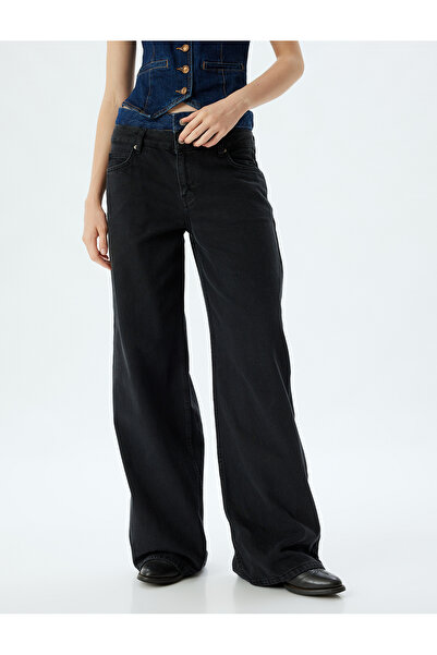 Koton Blugi largi, spălați cu nasturi cu talie dublă - Blugi largi, drepti