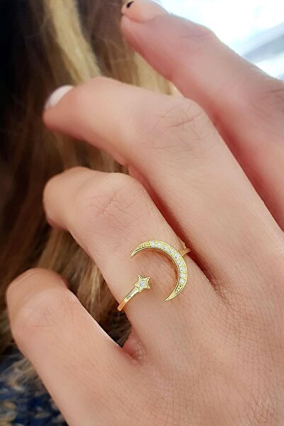 OSESHOP Ayarlanabilir 925ayar Gümüş Üzerine Altın Kaplama Ay Yıldız Yüzük