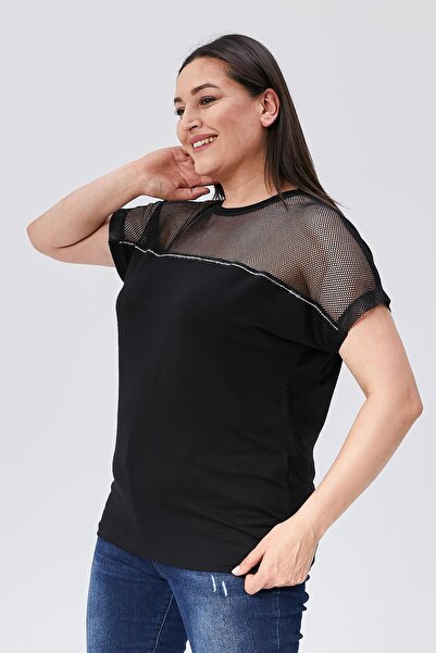 Ebsumu Plus Size Black Blouse - Mesh Detail