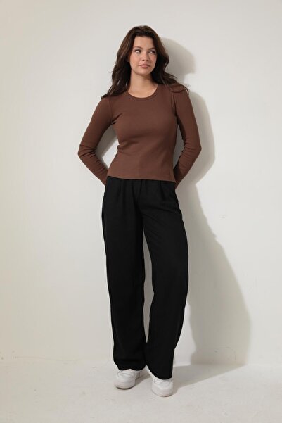 AMİDA Γυναικεία μπλούζα με μακρυμάνικο ριμπ - καφέ, λαιμόκοψη - 2426