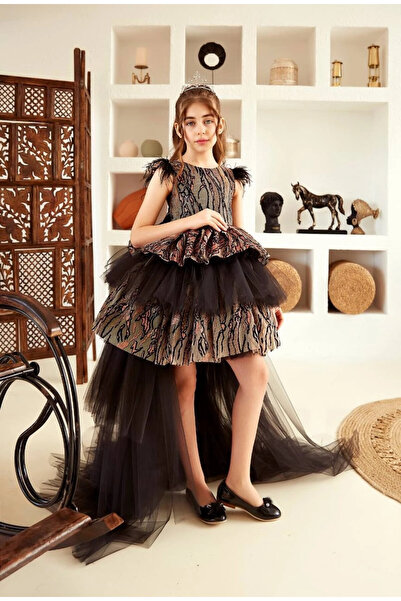 PİXİNADELUXE Siyah Otriş Detaylı Önü Kısa Arkası Uzun Kız Çocuk Abiye