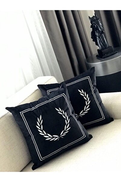 ref crea Başak Çerçeveli Siyah Gümüş Nakışlı Kırlent Kılıfı Siyah- Gümüş