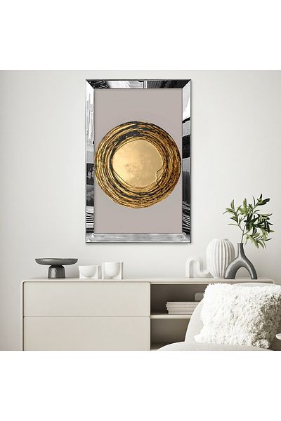 Zevahir Mobilya Dekorasyon Tablou unic din MDF cu cadru din plexiglas cu oglindă argintie, minimalist, gri, galben auriu, în formă rotundă